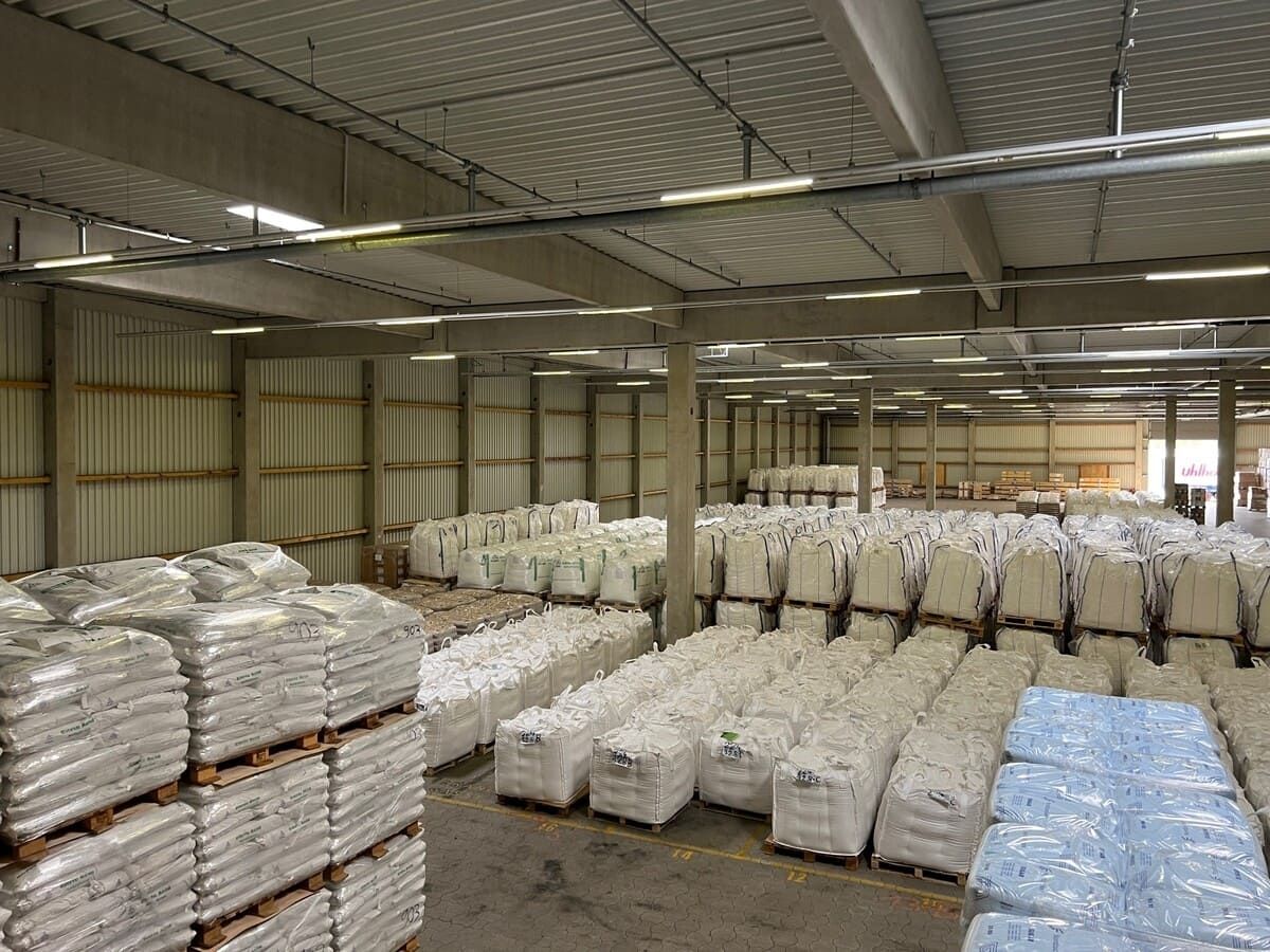 Warehouse with stacked bags